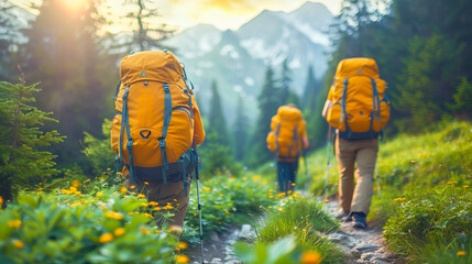 Wall Mural - Hikers are enjoying a scenic mountain hike on a sunny day