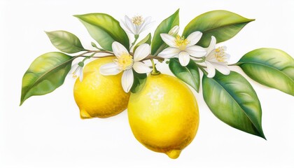 Wall Mural - elegant watercolor illustration featuring a lemon branch adorned with ripe fruit and delicate flowers