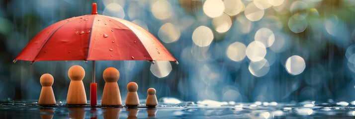 Wall Mural - A red umbrella hides wooden peg dolls under protection, planning, saving families, preventing risks, and understanding health care.