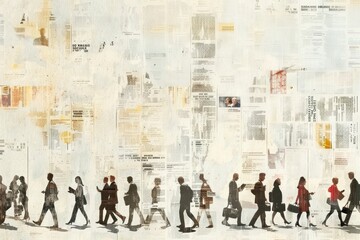 Canvas Print - Business people commuting ephemera border backgrounds walking drawing.