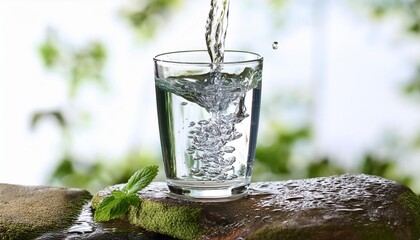 Poster - glass of drinking water with splash and drop on stone