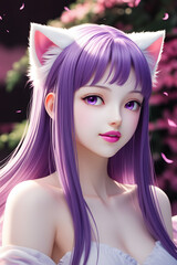 Wall Mural - Anime young woman with purple hair and white cat ears