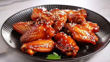 delicious chicken wings with sweet and sour sauce on plate closeup