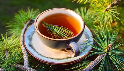 Wall Mural - cup of black tea with pine tree needles in it on green needles background side view healthy beverage tea in old cup