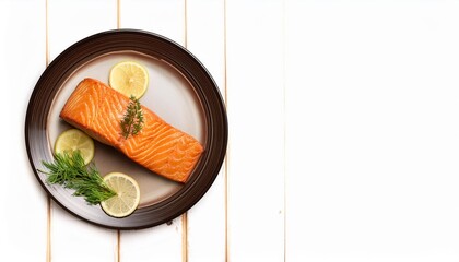 Wall Mural - top view of a cooked salmon fillet on a plate against a wooden background with copy space image