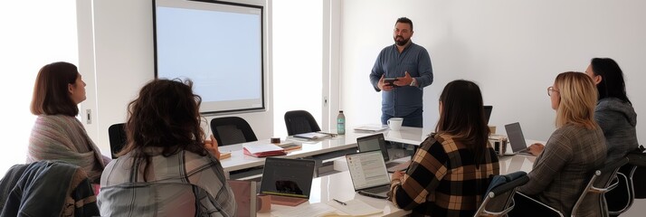 Poster - A diverse team in a modern workplace is engaged in a business presentation, focusing on teamwork and collaboration. They are utilizing technology and interactive tools to discuss business strategy