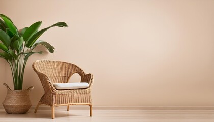 Canvas Print - empty beige wall with wicker armchair and vase with large green plant copy space