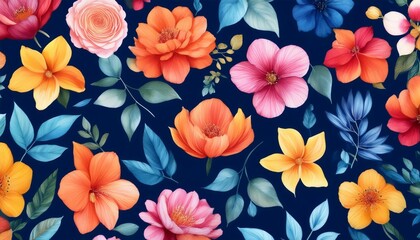 Wall Mural - a digital watercolor illustration of a floral pattern on a dark blue background the illustration features a variety of colorful flowers including pink red orange and yellow with blue leaves and