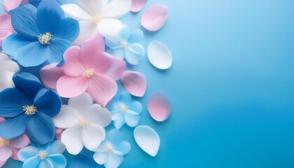 Sticker - graceful illustration of white blue and pink blooming flower petals on blue background generative a i art