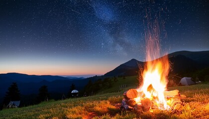 Wall Mural - exploring the wilderness in summer a glowing camp fire at dusk providing comfort and light to appreciate nature good times and the night sky full of stars photo composite