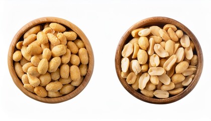 Poster - salted peanuts in a wooden bowl side and top view isolated on a transparent background