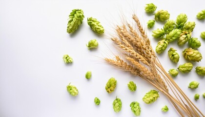 Poster - hop cones and wheat ears on white background top view