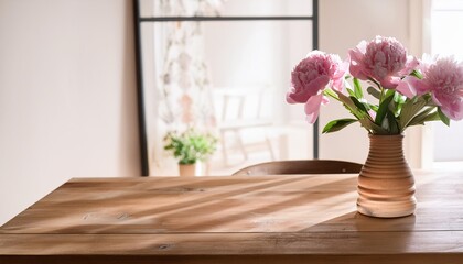 Wall Mural - a wooden table with a vase of pink flowers on it