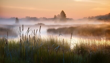 Wall Mural - a foggy marshland at dawn with reeds and cattails emerging from the mist the still waters mirror the pale light of the rising sun creating an ethereal otherworldly atmosphere