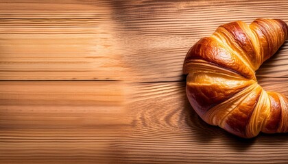 Sticker - close up fresh croissant on wooden background top view position