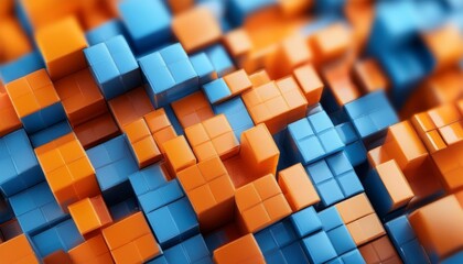 Canvas Print - a multitude of three dimensional blue and orange cubes create an endless abstract mosaic with a shallow depth of field generative ai