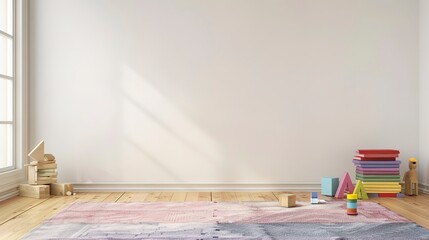 Poster - a playroom with a blank white wall; a rug that is pink purple and blue; hardwood floors; stacking blocks; a stack of books on the floor 