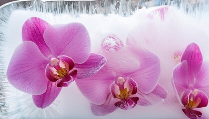 Sticker - abstract background with pink orchids frozen in ice