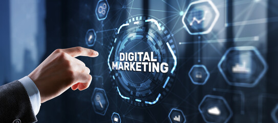 Digital online marketing. Analysis sale data graph growth on modern interface icons