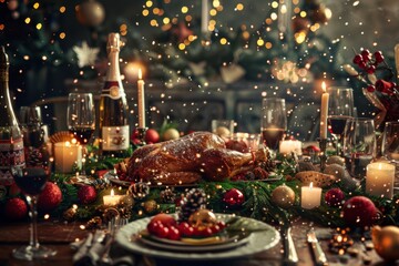 Poster - elegantly set christmas dinner table with sparkling lights and festive decorations, creating a warm 