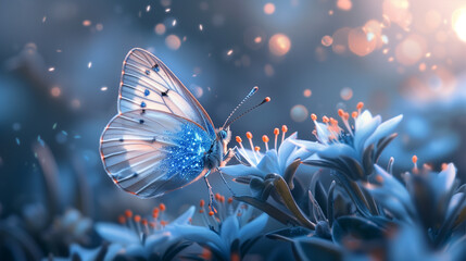 Canvas Print - A butterfly with glowing wings is perched on a flower. The image has a dreamy, ethereal quality to it, with the butterfly's wings appearing to shimmer and glow in the dark. Concept of wonder and magic