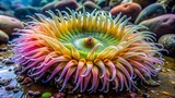 A colorful, slimy, and delicate tube anemone lies exposed on a rocky beach at low tide, its tentacles curled up tight.