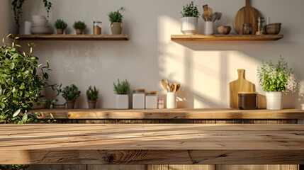 Modern Kitchen Setting with Minimalist Podium for Product Display and Copy Space