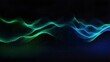 © Ashan - Isolated on a black background, flowing dot particles create a wave pattern of blue and green gradient light. Vector in the context of science, music, and AI technology