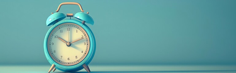 Wall Mural - Charming vintage turquoise alarm clock on matching background, perfect for conveying wake up calls, scheduling, reminders, and time management. Panoramic header
