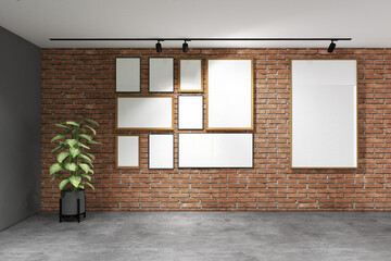 Wall Mural - 3d render of minimal design interior of cafe with frames mock up. Gray cement floor, red brick wall and white ceiling. Set 10