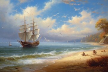 Wall Mural - Boat sea sailboat painting.