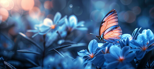 Canvas Print - A butterfly with glowing wings is perched on a flower. The image has a dreamy, ethereal quality to it, with the butterfly's wings appearing to shimmer and glow in the dark. Concept of wonder and magic