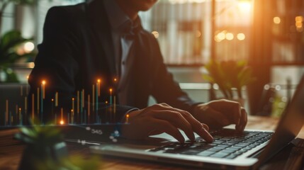 Fototapete - A businessman analyzing business growth and financial performance with graphs and charts on a laptop screen.