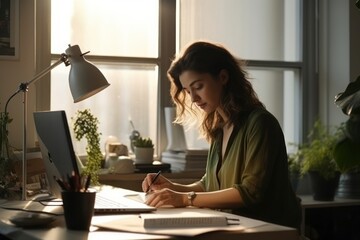 Poster - Woman working in the office bright light environment furniture computer writing.