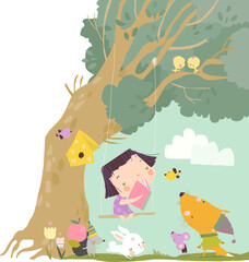 Canvas Print - Little Girl reading Book with Cute Animals. Vector Illustration