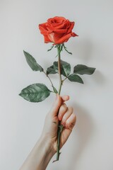 Poster - a rose in a hand on a white background. selective focus