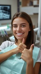 Wall Mural - smiling female patient sitting on chair showing thumb-up in dental clinic