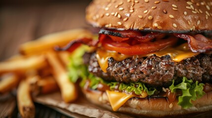 Delicious, detailed close-up of a cheeseburger, featuring layers of melted cheese, crispy bacon strips, fresh lettuce leaves, and ripe tomato slices, ideal for a hearty meal.