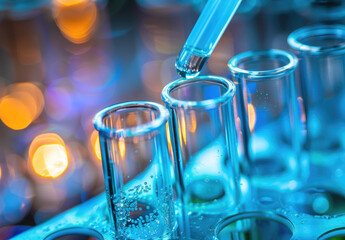 Wall Mural - A close up of an experiment test tube with multiple glass cups filled with liquid and one pipette, representing the concept of medical research