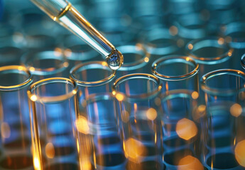 Wall Mural - A close up of an experiment test tube with multiple glass cups filled with liquid and one pipette, representing the concept of medical research