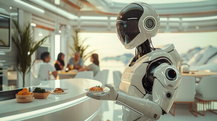 Wall Mural - A home kitchen where a robot android wearing an apron is cooking food while humans are sitting at the dining table and chatting, futuristic setting