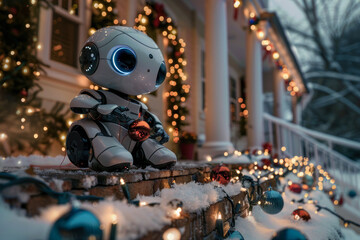 A robot android setting up christmas decorations on the front of the house, outdoors