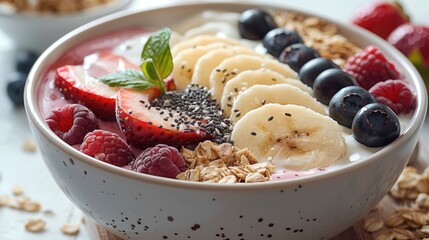 Wall Mural - A refreshing smoothie bowl made with blended fruits, yogurt, and granola, topped with fresh fruit slices and chia seeds. Generative AI.