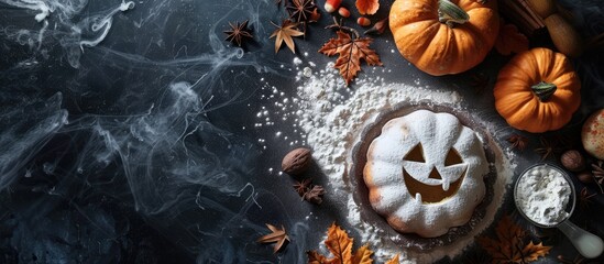 Poster - Baking a Halloween cake at home using ingredients and flour on a dark background leaving copy space for adding text in the image