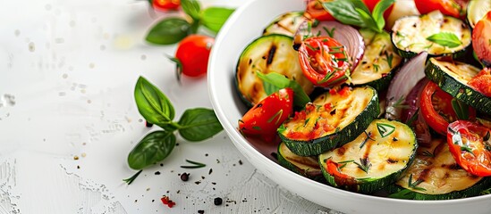 Aufkleber - Cooked zucchini with tomato and onion on white background with copy space image