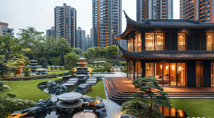 Wall Mural - Modern courtyard landscape design in a high-rise residential community with a Chinese style garden and green space for outdoor activities. The area is surrounded by buildings of various heights.