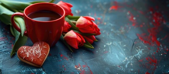 Poster - A romantic scene featuring a red coffee cup heart shaped cookie with a message bouquet of red tulips perfect for occasions like Valentine s Day birthdays or Mother s Day ideal for a copy space image