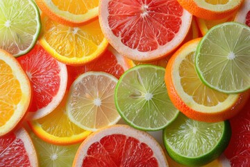 Citrus Slices Background. Refreshing Citrous Slices in Lime, Lemon, Grapefruit, and Orange with Vibrant Red and Green Tones