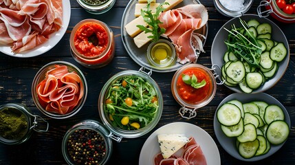 Wall Mural - A collage of different images featuring Italian food and meat, such as pasta with sauce or cheese, salami in jar, salad on plate and vegetables.