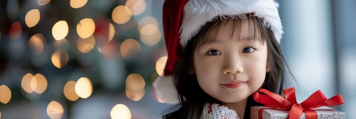 Wall Mural - A joyful child wearing a festive Christmas hat happily holds a gift, spreading cheer during the holiday season, embodying the warmth and magic of the festive spirit, bringing smiles to all around